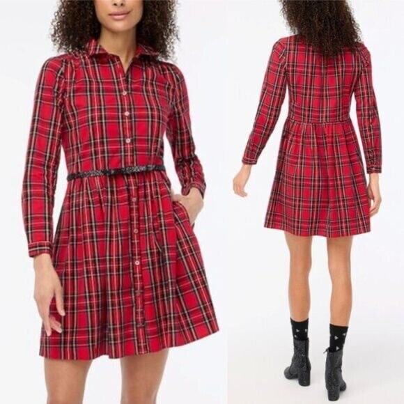 J.Crew Red Tartan Plaid Shirt Dress Size 6 Button Front Pockets Casual preppy - Picture 1 of 11